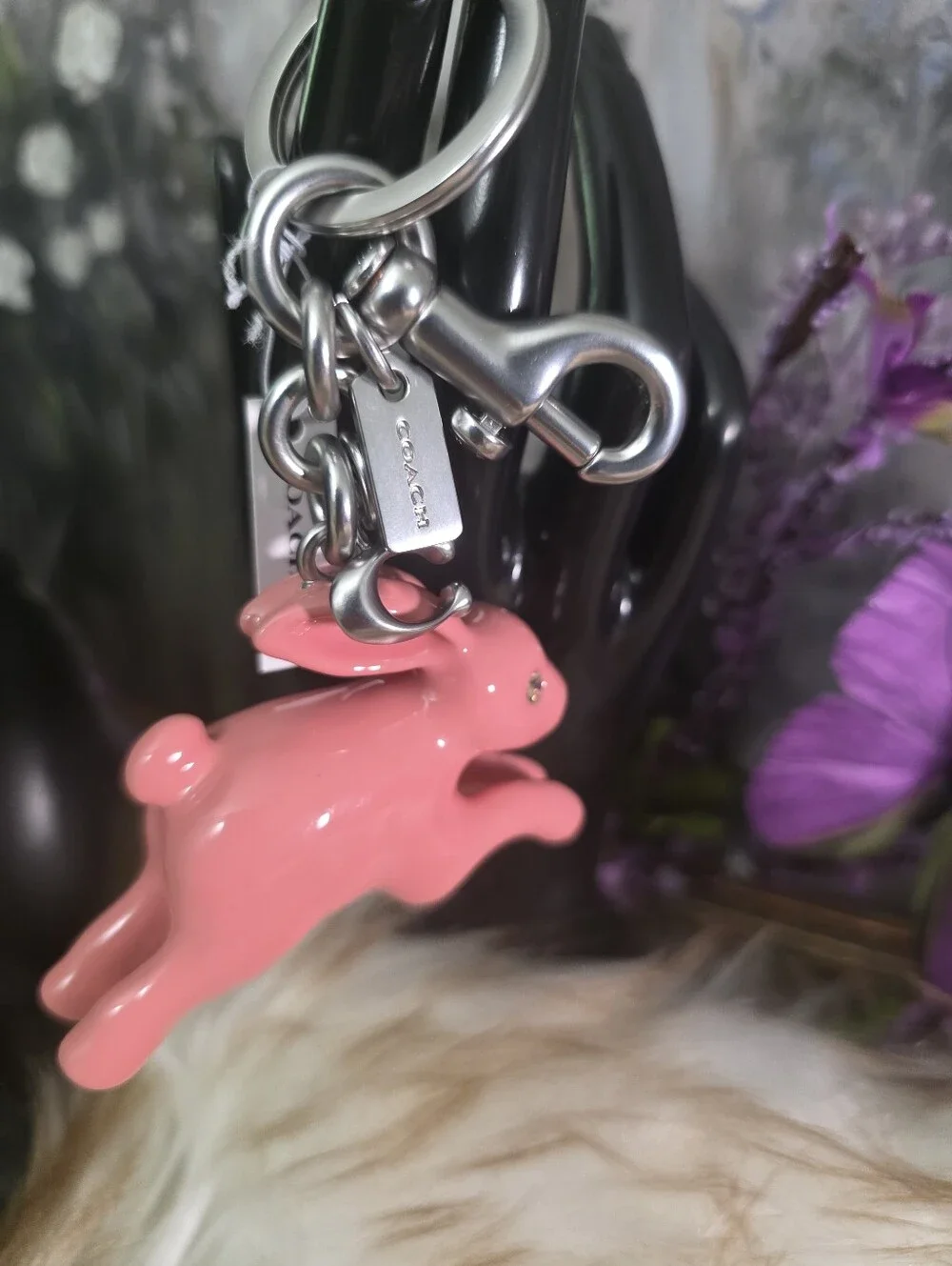 Auth NWT Coach Pink Bunny Charm Keychain - Pink Rabbit Accessory